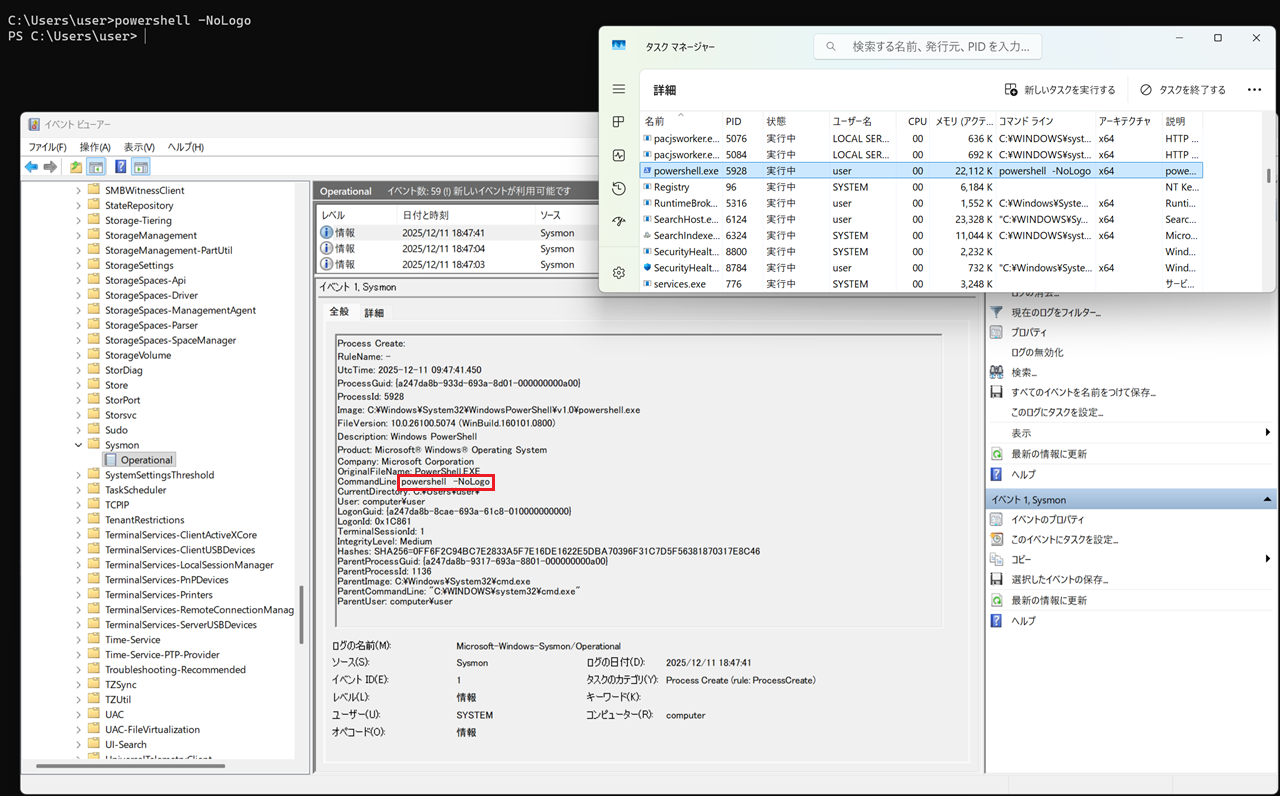図8. Sysmonのプロセス実行ログ例